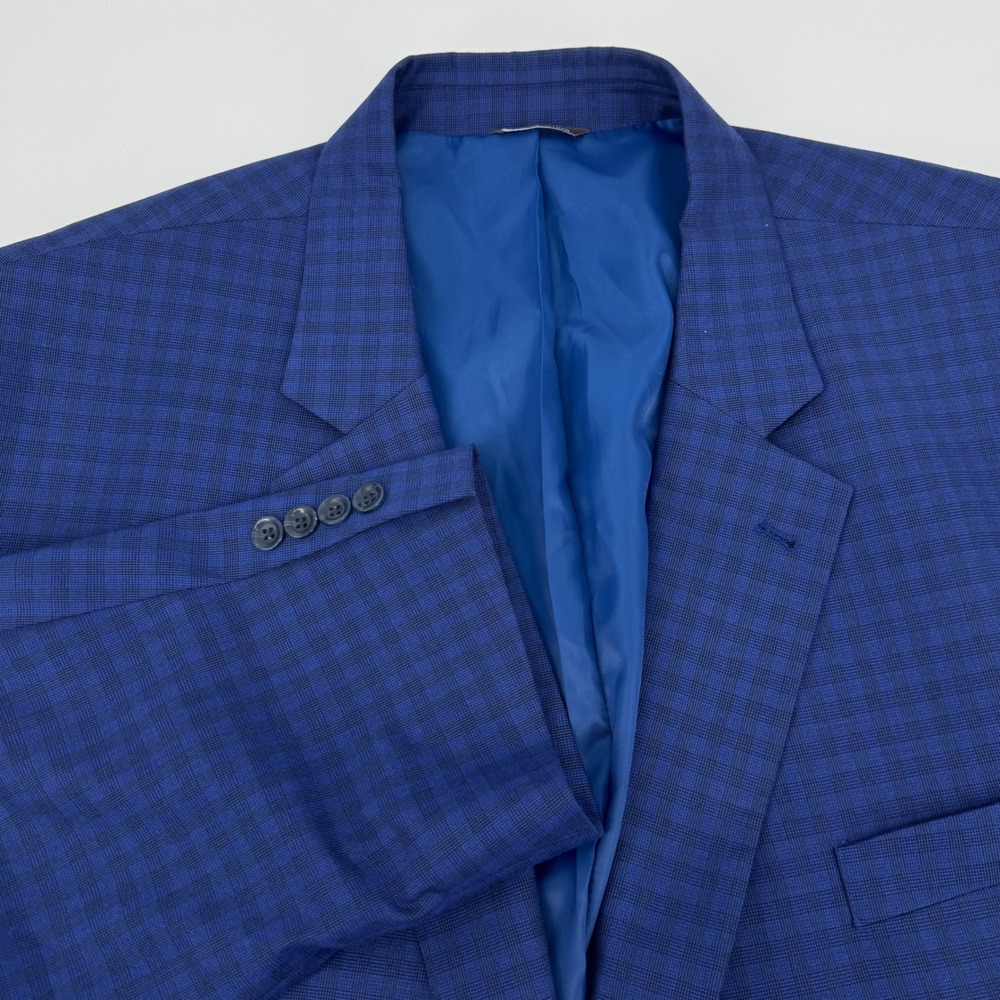 Oak Hill Perfect Fit Mens Blue Checkered Two Button Sport Coat Blazer 60 REG